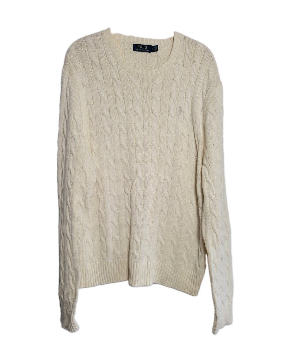 Polo Ralph Lauren Cream Garment Dyed Cotton Cable Knit Crewneck Sweater size L